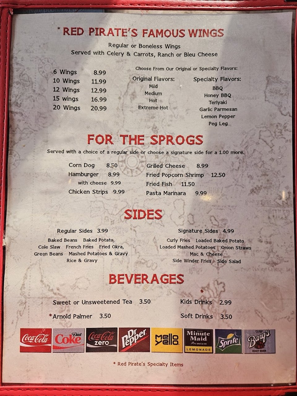 Printed menu with pasta, soup, and seafood.