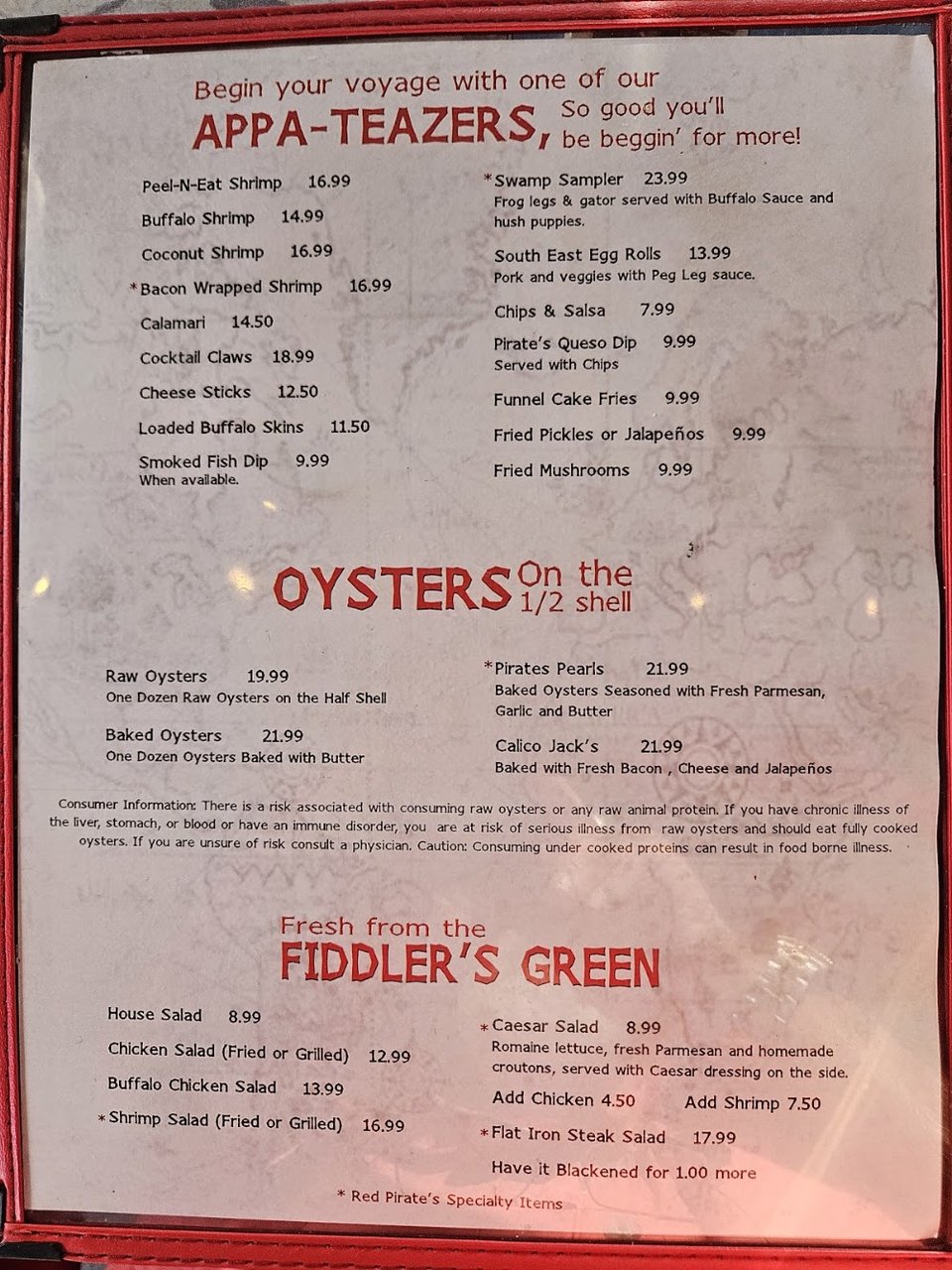 Menu page listing steaks and fried platters.